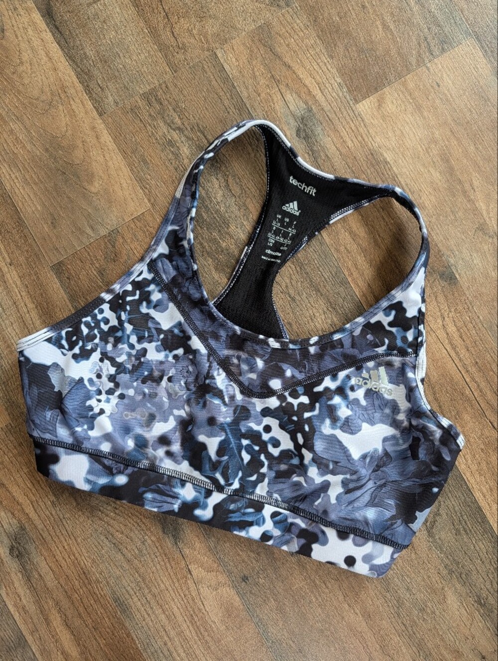 Adidas Techfit Climalite Sports Bra L Black Gray Floral Camo Racerback